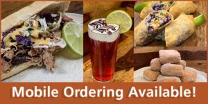banner - mobile ordering available, with pics of steak sandwich dressed on hoagie, tall drink with white foam with design in the foam, egg rolls, and cinnamon sugar donuts