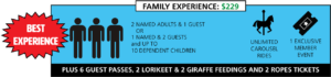 banner - Family Experience membership, with price, info on how many guests you can put on it, also shows the perks, plus shows the extra perks, for this membership. labeled as Best Experience to purchase.