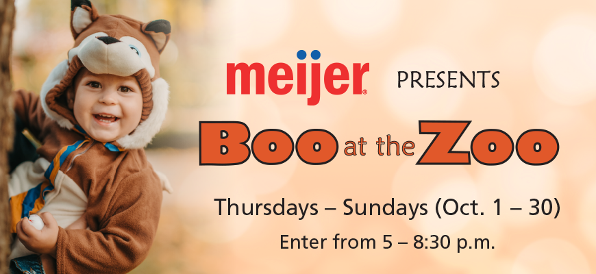 Boo at the zoo presented by Meijer with kid dressed as a fox banner