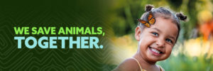 We save animals together banner girl with butterfly