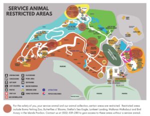 banner - Service Animal Restricted Areas map of zoo, showing where service animals are not permitted, said information at bottom of page.