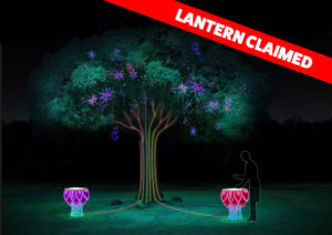 banner - Wild Lights,, Lantern Claimed highlighted in own box, with multicolored tree with multicolored flowers, leaves on the tree, with a drum, purple and red, with blue bases, on either side, of tree with individual playing one drum, backgound is nighttime black
