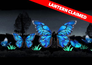 banner - wild lights sponsorship, Lanatern Claimed, with large blue and black butterfly with silhouette of couple as the body, 4 smaller blue and black butterflies, one with female silhouette as body, with grass, with trees in night time background, night time dark sky with stars