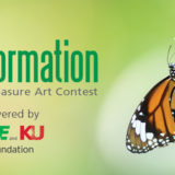 banner - trash formation, A Trash-to-Treasure Art Contest, powered by LGE&EandKU Foundation with black,orange butterfly on white flower, on lme color background