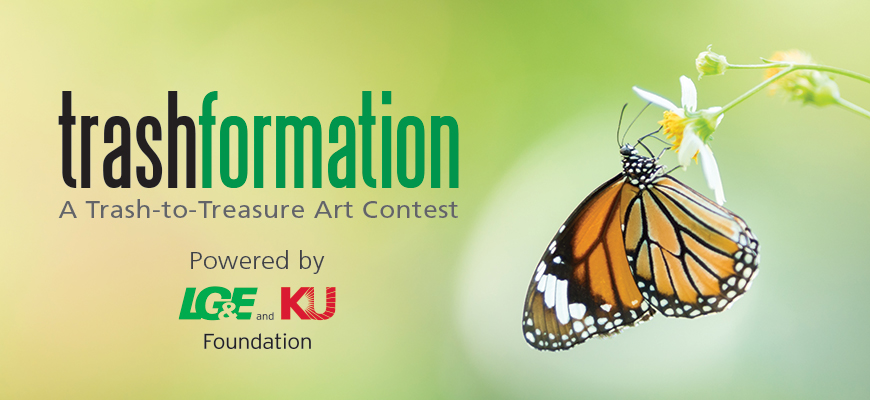 banner - trash formation, A Trash-to-Treasure Art Contest, powered by LGE&EandKU Foundation with black,orange butterfly on white flower, on lme color background