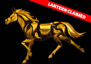 graphic - gold sectional statue of horse, with long mane and tail, in galloping pose, with Lantern Claimed in red box, black background