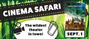 banner - Cinema Safari on black film strip, The wildest theater in town! with black film camera and ticket stubs on either side and movie advertisement cover of Ghostbusters Afterlife, Sept. 1 with green tress, leaf, leaves backgroud