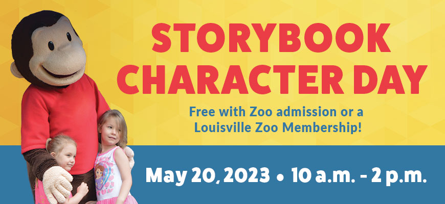 banner - Storybook Character Day, Free with Zoo admission or a Louisville Zoo Membership! May 20, 2023 - 10 a.m. - 2 p.m. with monkey character, wearing red shirt, standing with two young children, background colors are yellow and blue