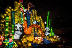 graphic of wild lights gold mountains, with black, white pandas, green bamboo shoots, blue, orange waterfalls, multicolored flowers of pink, white, aqua, green leaves, lighted lantern, black tree branches, with total black background