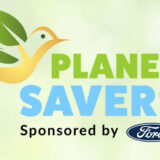 Banner -Planet Savers, Sponsored by blue Ford logo, with tan outlined partridge bird with green leaf wings on lime green background color