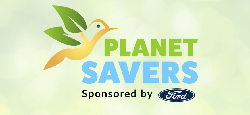 Banner -Planet Savers, Sponsored by blue Ford logo, with tan outlined partridge bird with green leaf wings on lime green background color