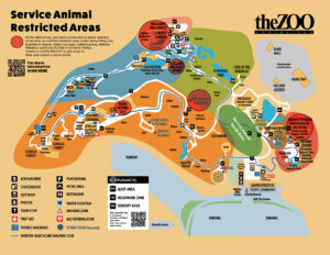 Louisville Zoo Service Dog Map; shows areas that are off limits for service animals.