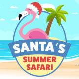 Banner - Santa's Summer Safari with summer beach scene and pink flamingo with red santa hat, 2023