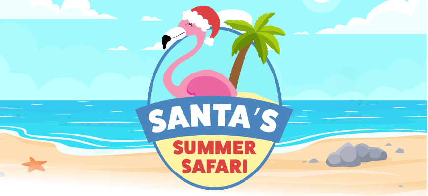 Banner - Santa's Summer Safari with summer beach scene and pink flamingo with red santa hat, 2023