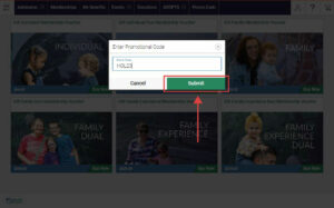 graphic - shows example of how to apply promo and where to click to submit, with arrow pointing to highlighted box