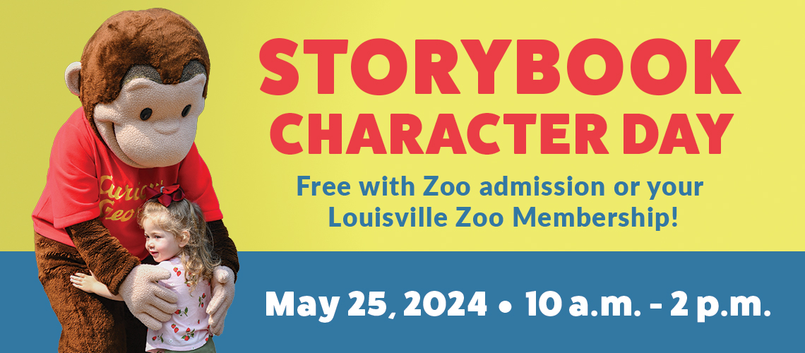 Blue and yellow banner with girl hugging Curious George mascot. Text on header reads Storybook Character Day with the date May 25 from 10 a.m. – 2 p.m.