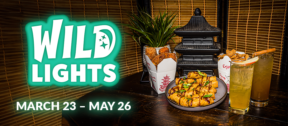 banner - background bamboo shades, with display of asian foods in take out containers, also on a plate, with 2 tall drinks, with blk pagoda in rear, wild lights, march 23 - may 26