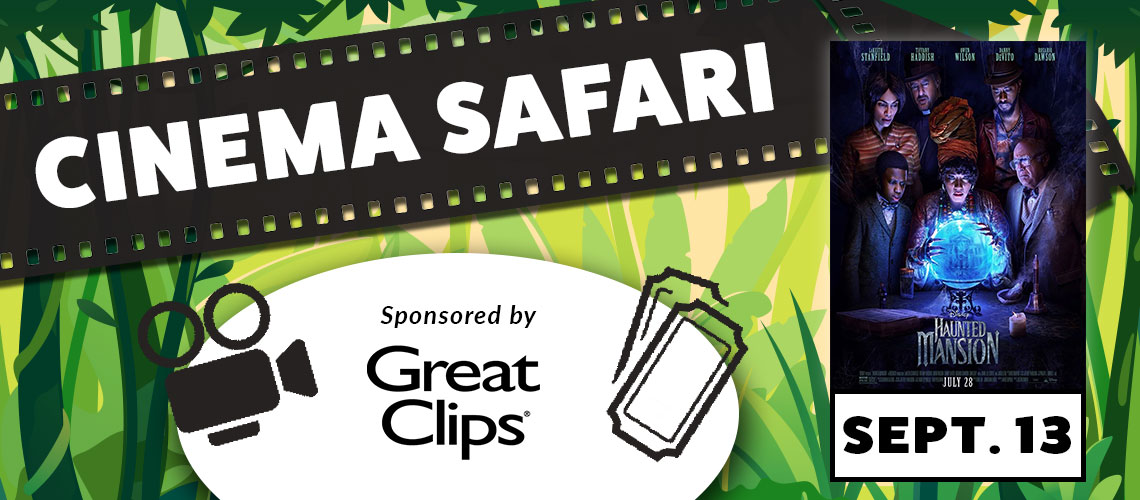 Cinema Safari header that has a green jungle background, movie reel and ticket stubs. Lists the sponsor "Great Clips" and has the Haunted Mansion (2023) movie poster with the Sept. 13 date for the event.