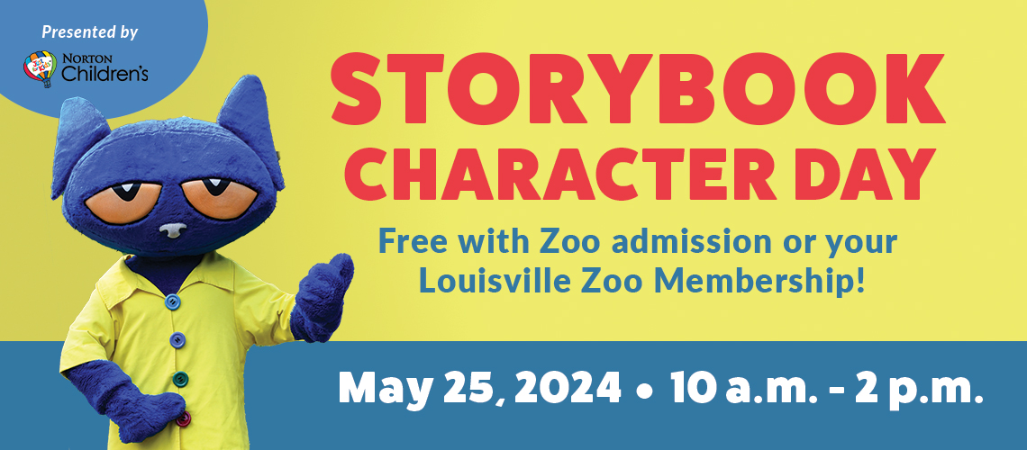 Blue and yellow banner with Pete the Cat mascot. Text on header reads Storybook Character Day with the date May 25 from 10 a.m. – 2 p.m.